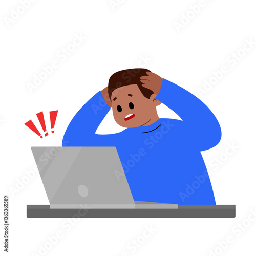 a man staring at a laptop. Stressed cartoon business man in Office Work Place. Stress at work. 