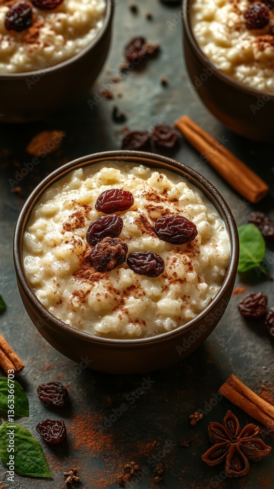 Creamy rice pudding with raisins and cinnamon served in rustic bowls on a dark surface Creamy rice pudding with raisins and cinnamon served in rustic bowls on a dark surface
