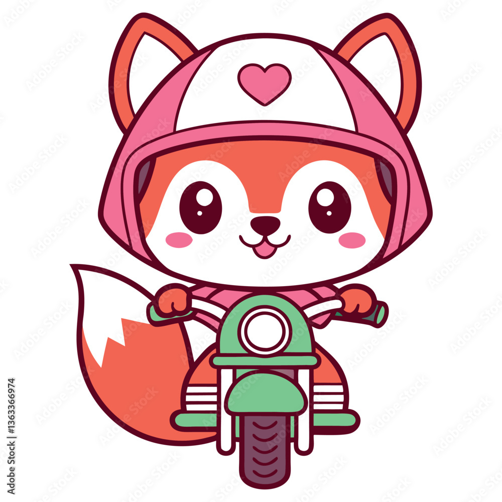 Cartoon Cute Orange Fox with Helmet Riding a Green Motorcycle on White Background Cartoon Cute Orange Fox with Helmet Riding a Green Motorcycle on White Background