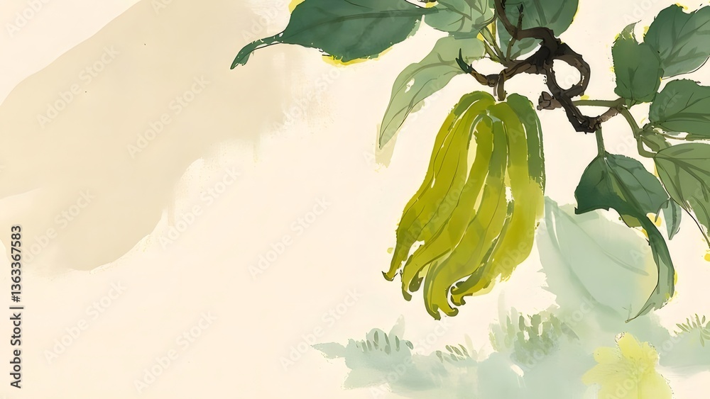 Yellow Fruit on Branch Watercolor Painting