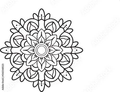 Mandala Design: Intricate mandala illustration, showcasing the beauty of symmetry and pattern in monochrome art. A perfect piece for meditation, relaxation, and creative expression.