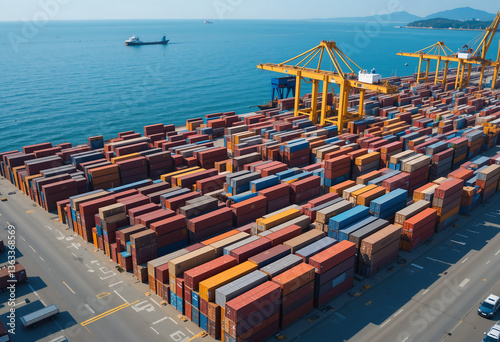 Multiple shipping containers are stacked at a busy port by the waterfront. Cranes loom over, ready to load or unload cargo. Ships can be seen operating in the distance