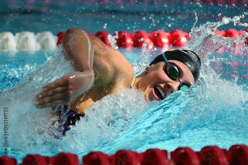 Young caucasian female swimmer competing in a freestyle race