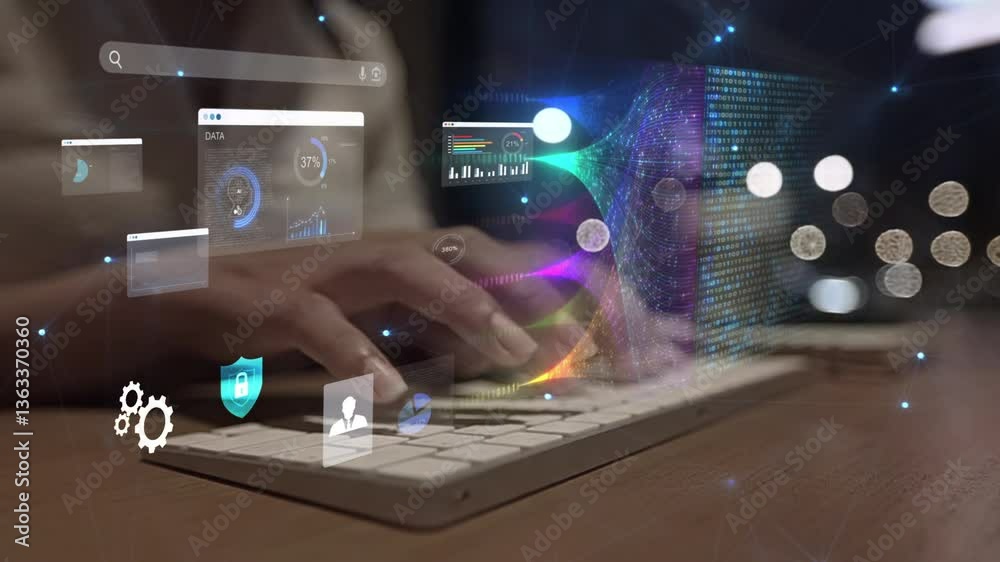 woman analyst uses a computer AI artificial intelligence and dashboard for data business analysis and Data Management System with KPI and metrics connected to the database for technology finance,

