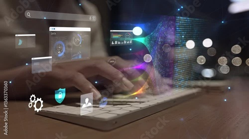woman analyst uses a computer AI artificial intelligence and dashboard for data business analysis and Data Management System with KPI and metrics connected to the database for technology finance,


