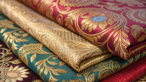 Luxurious Embroidered Fabrics in Deep Greens, Reds, and Golds, Smart background image