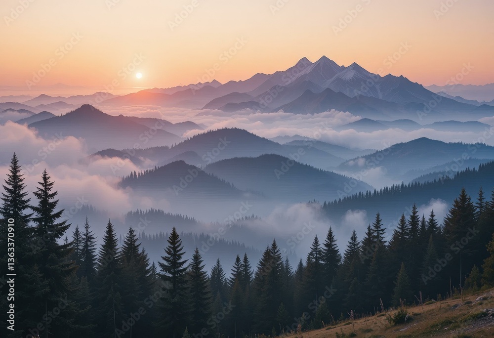 Obraz premium Misty Mountain Sunrise Evergreen Forests - Tranquil Nature Landscape Travel Eco-Tourism Marketing