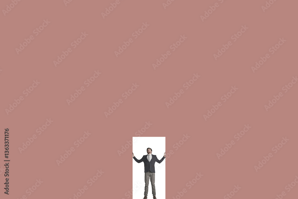 Studio, opportunity and business man with space for mockup, thinking and ideas for development promo. Poster, design and businessman with doorway for growth, inspiration or vision on pink background Studio, opportunity and business man with space for mockup, thinking and ideas for development promo. Poster, design and businessman with doorway for growth, inspiration or vision on pink background