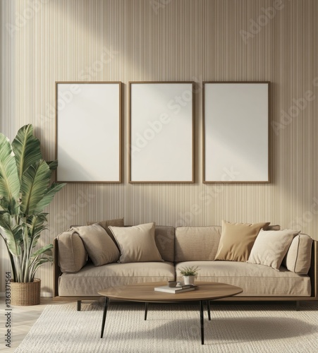 Modern living room with beige sofa, wooden wall, and three blank frames.