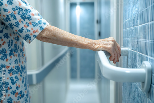 Asian elderly old woman patient use toilet support rail in bathroom, handrail safety grab bar, security in nursing hospital.