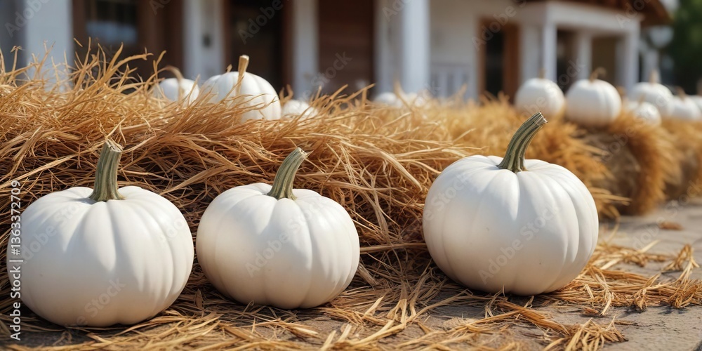 Group of white pumpkins and hay for autumn decorations, Festivity, October 31st Group of white pumpkins and hay for autumn decorations, Festivity, October 31st