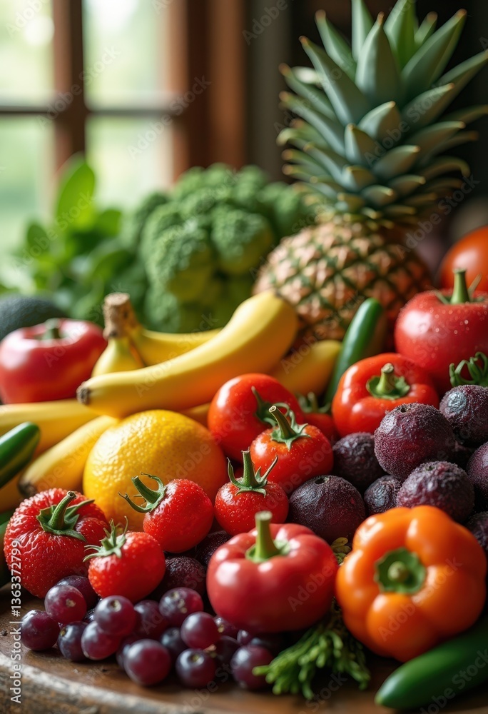 vibrant fresh produce arrangement colorful variety fruits vegetables wooden table display, market, texture, organic, green, orange, red, yellow, leafy vibrant fresh produce arrangement colorful variety fruits vegetables wooden table display, market, texture, organic, green, orange, red, yellow, leafy