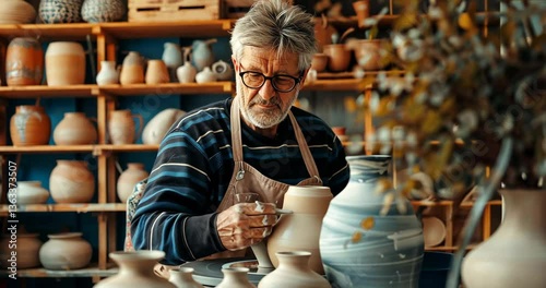 Master potter creates beautiful ceramics in a charming workshop filled with handcrafted pieces