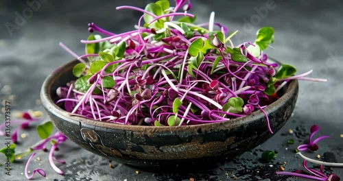 Fresh microgreens in a rustic bowl on a textured countertop showcasing vibrant colors and healthy ingredients