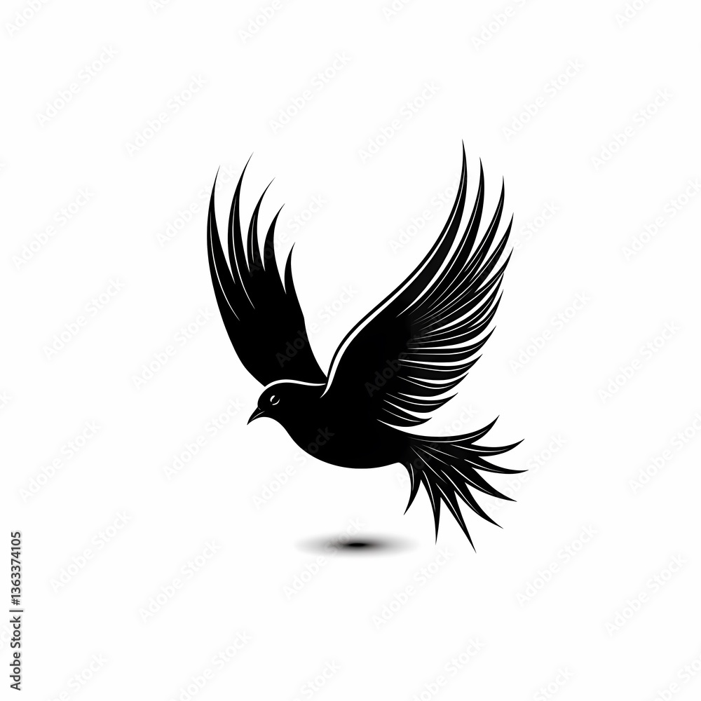 Fototapeta premium Black Silhouette of a Bird in Flight with Elegantly Spread Wings Against a White Background