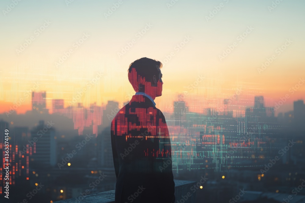 Fototapeta premium A businessman silhouetted against a cityscape at sunset, overlaid with data streams symbolizing the intersection of finance and urban development.