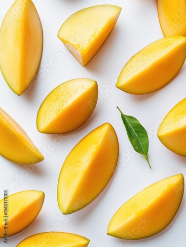Bright and juicy mango slices laying on a white background, photo shot from above.