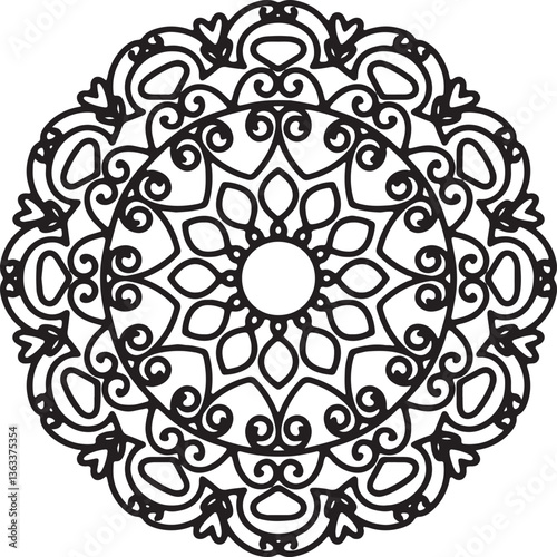 Mandala Serenity: Intricate black and white Mandala art, capturing the beauty of meditative patterns and detailed design, perfect for spiritual and creative expressions. 
