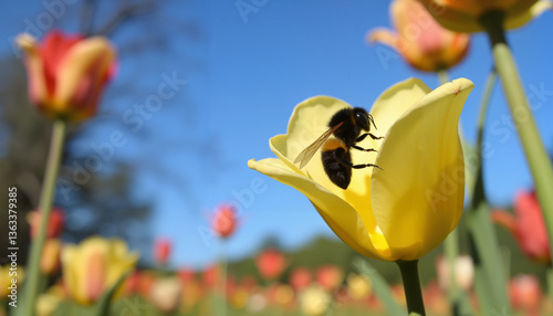 Bee pollinating yellow tulip flower against vibrant blossom field  