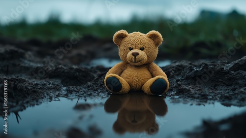 Abandoned teddy bear lying in muddy puddle on rainy day outdoors