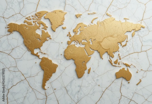 Modern Minimalist Gold World Map White Marble Background - Luxury Corporate Branding Office Decor Copy Space