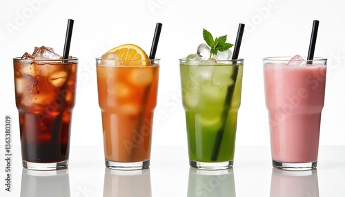 Set beverages iced chocolate, black thai tea, lemon iced tea, iced green tea, pink milk in glasses with ice cubes and straws. Cold drinks for menu, cocktail recipes, summer drinks, cafe promo.
