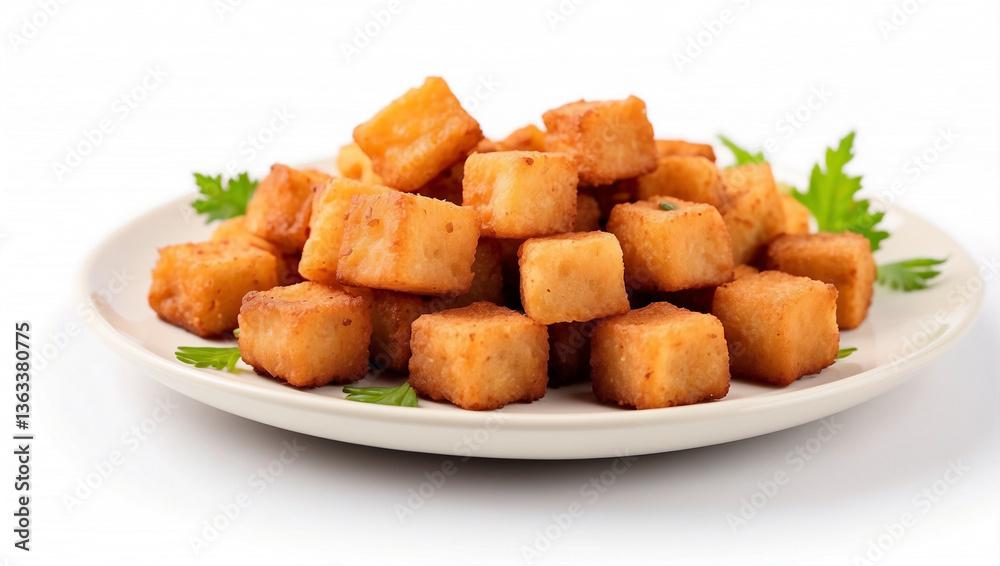 Delicious Fried Tofu Cubes Isolated on White Background for Vegan Dishes Delicious Fried Tofu Cubes Isolated on White Background for Vegan Dishes