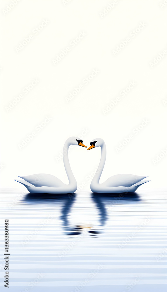Naklejka premium Two graceful white swans facing each other, forming a heart shape on calm water, reflected beautifully