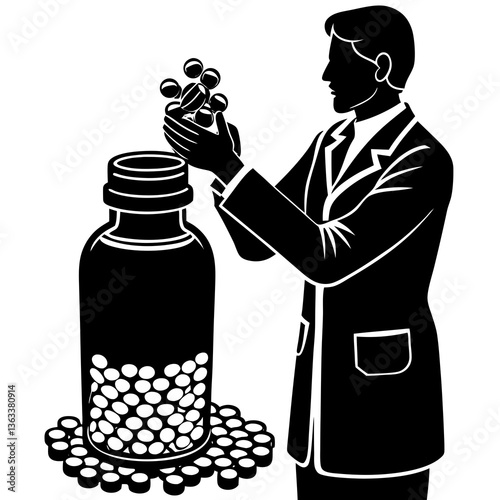 A silhouette of a pharmacist counting pills from a bottle into a prescription bottle, methodical and precise