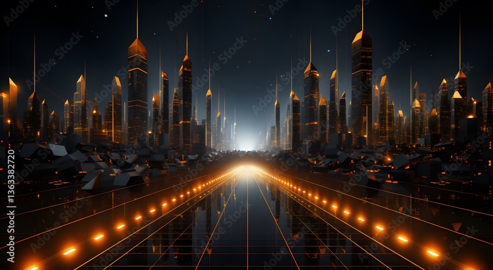 Fototapeta premium Futuristic Cityscape with Glowing Lights and Reflections at Night