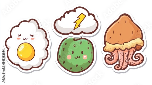Cute food cartoon stickers egg, fruit, octopus;  kids menu, recipe book