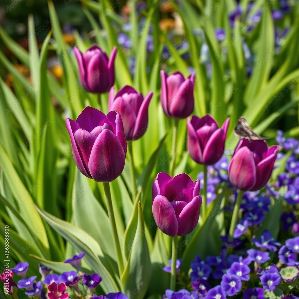 Deep purple and blue tulips and violets burst forth against vibrant green foliage, image, beautiful, stock Deep purple and blue tulips and violets burst forth against vibrant green foliage, image, beautiful, stock