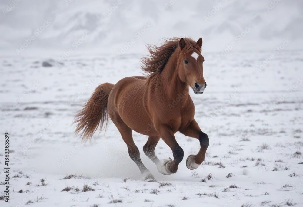 Obraz premium Icelandic horse running in snow-covered field, white horse, Icelandic horse