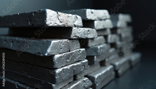 Stacked beryllium metal ingots. Industrial metalworking, scientific alloy bars. Production material, solid element. Advanced manufacturing, chemical resource, tech and engineering.