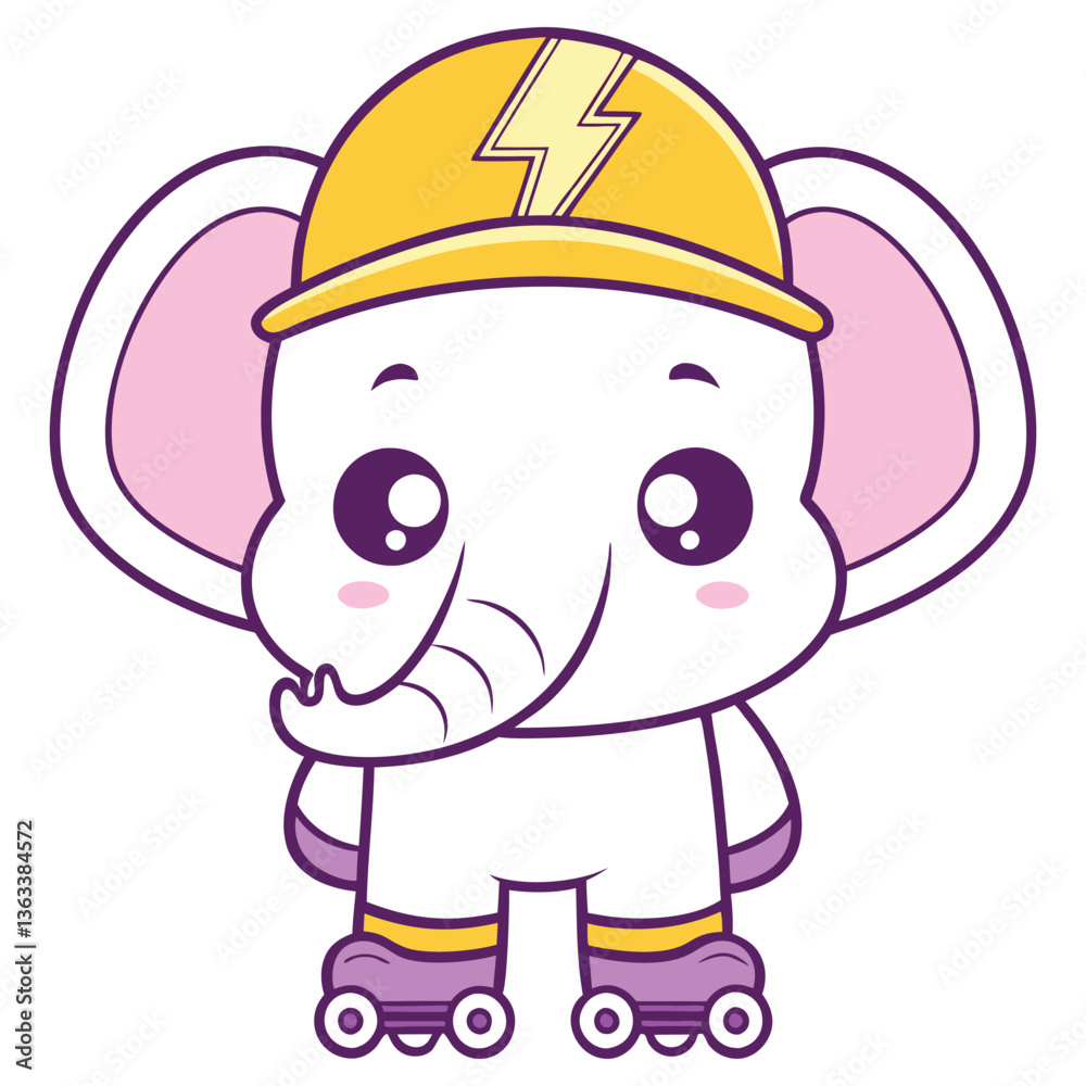 Obraz premium Cartoon Cute Elephant Wearing Yellow Helmet & Roller Skates on Transparent Background