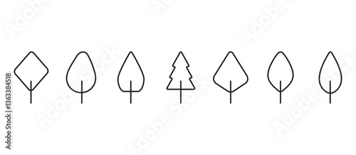 Tree line icon. Thin line pine tree icon set. Naturally beautiful symbol, wooden trunk and outline,  Tropical vector illustration in transparent background. 