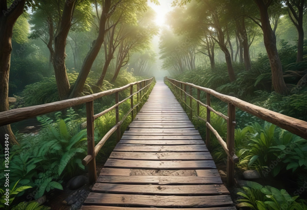 Fototapeta premium Idyllic wooden bridge pathway in a verdant forest setting, pathway through trees, tranquil trail, lush vegetation