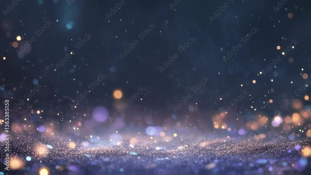 Glittering Particles on Dark Blue, Bokeh. Magic Background for Holiday, Celebration, Party. Place for Text.