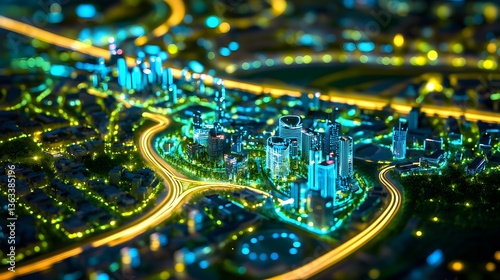 Illuminated Cityscape: A vibrant, dynamic cityscape is lit with a network of bright lights, representing a futuristic metropolitan area and innovative concepts.