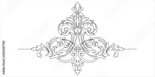 vintage baroque continuous single line art drawing sketch on white background