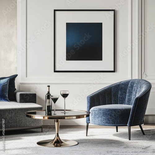 Modern living room with blue velvet armchair, abstract art, and wine.