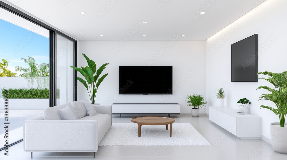 Bright living room features plants white furniture and two tvs Bright living room features plants white furniture and two tvs
