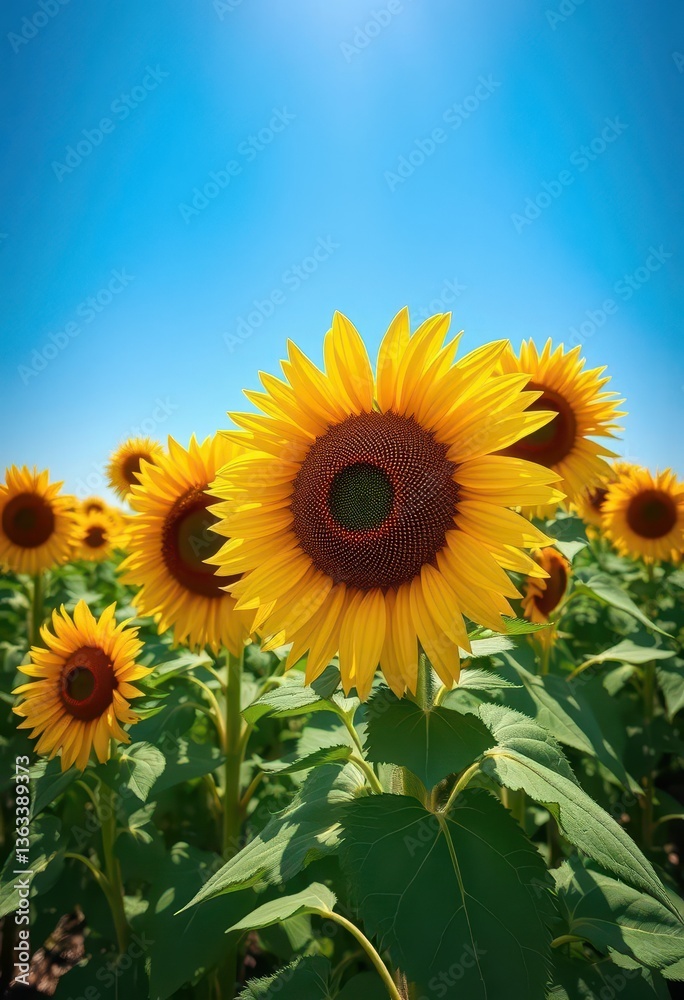 Fototapeta premium Vast sunflower field under a vibrant blue sky, design, sunflowers, floral