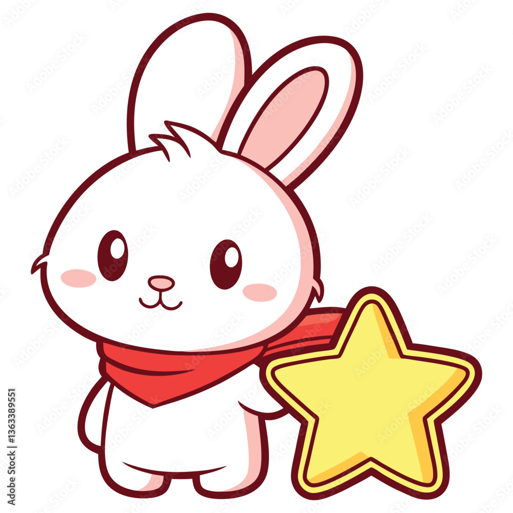 Obraz premium Cartoon Bunny with Red Scarf Holding Yellow Star on White Background