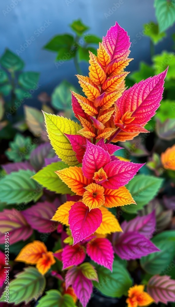 Vibrant coleus foliage bursts from a painted nettle stem, showcasing diverse leaf colors and textures, outdoors, botanical Vibrant coleus foliage bursts from a painted nettle stem, showcasing diverse leaf colors and textures, outdoors, botanical
