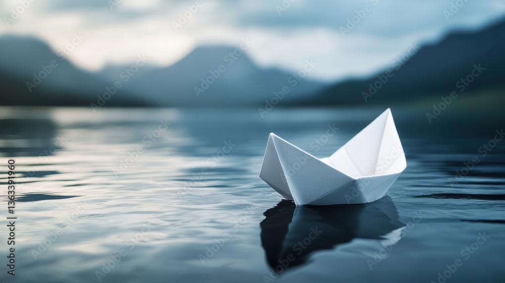 Obraz premium Paper boat floating on calm lake with mountain backdrop