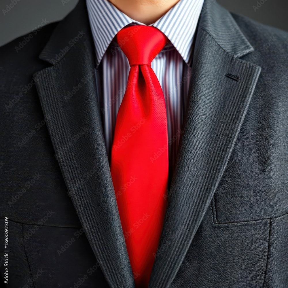 A charcoal grey jacket with a vibrant red tie neatly knotted, fold, office A charcoal grey jacket with a vibrant red tie neatly knotted, fold, office