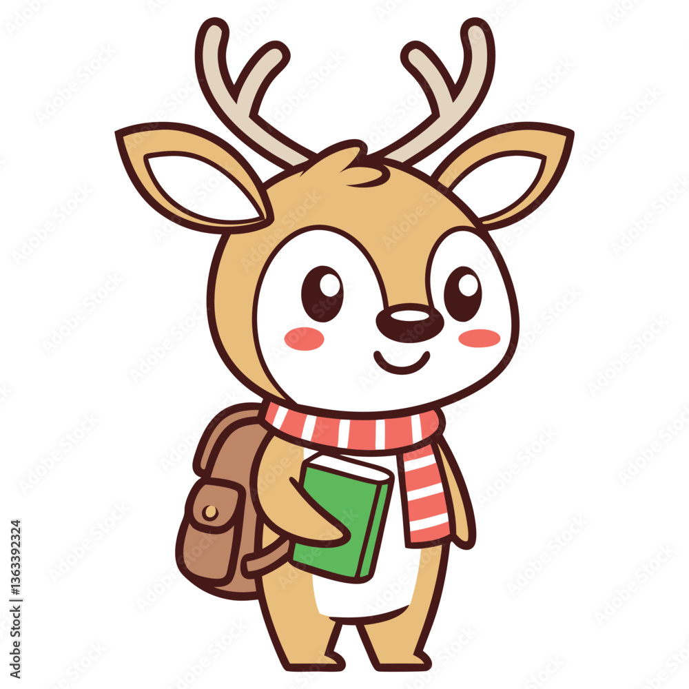 Cartoon Reindeer Character with Scarf, Backpack, and Book on Transparent Background Cartoon Reindeer Character with Scarf, Backpack, and Book on Transparent Background