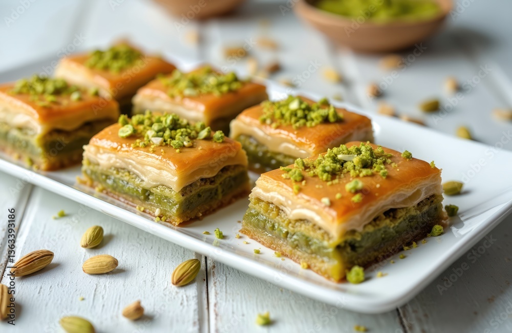 Close-up of traditional Turkish pistachio baklava dessert on white plate. Sweet baked pastry with layers of phyllo dough soaked in syrup. Delicious food for holiday table, restaurant. Close-up of traditional Turkish pistachio baklava dessert on white plate. Sweet baked pastry with layers of phyllo dough soaked in syrup. Delicious food for holiday table, restaurant.