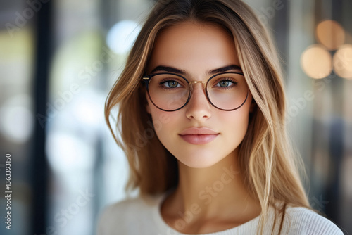 Close-up portrait of a young Caucasian woman with long brown hair wearing round glasses, in an office setting with a blurred background.